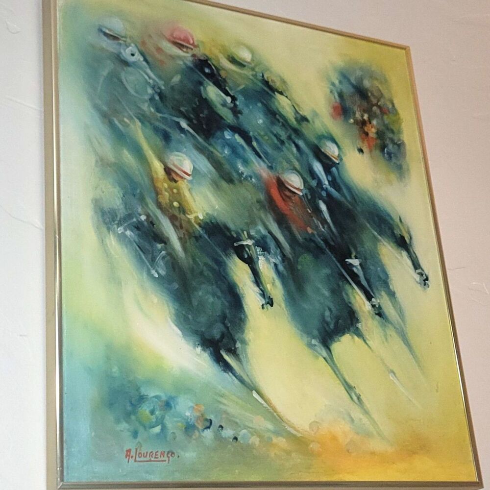 Armand Lourenco signed Oil Painting on Canvas Thoroughbreds Thrilling Horse Race